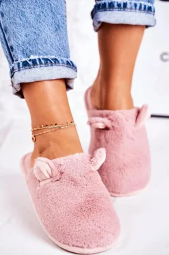 Boto Kapcie Klasyczne*Damskie Futrzane Papcie Z Uszami Pudrowy Róż Hippo