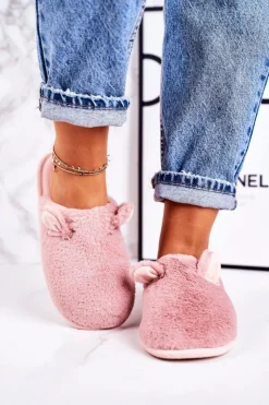 Boto Kapcie Klasyczne*Damskie Futrzane Papcie Z Uszami Pudrowy Róż Hippo