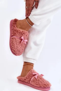 Sale Boto Damskie Futrzane Papcie Z Kokardką Różowe Ryana