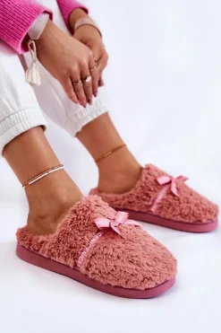 Sale Boto Damskie Futrzane Papcie Z Kokardką Różowe Ryana
