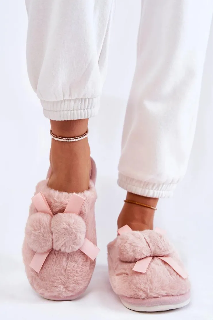 Outlet Boto Damskie Futrzane Papcie Z Pomponami Różowe Castello