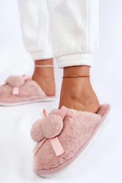 Outlet Boto Damskie Futrzane Papcie Z Pomponami Różowe Castello