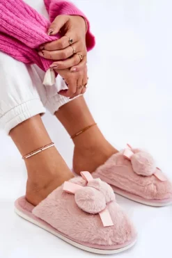 Outlet Boto Damskie Futrzane Papcie Z Pomponami Różowe Castello