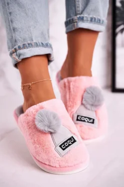Boto Kapcie Klasyczne*Damskie Futrzane Papcie Z Czapką I Pomponem Różowe Keep Warm