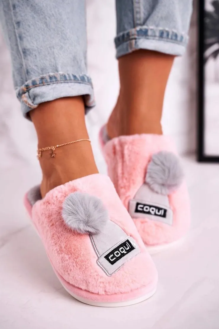 Boto Kapcie Klasyczne*Damskie Futrzane Papcie Z Czapką I Pomponem Różowe Keep Warm