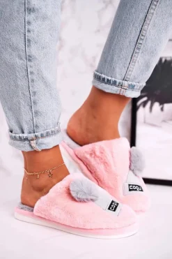 Boto Kapcie Klasyczne*Damskie Futrzane Papcie Z Czapką I Pomponem Różowe Keep Warm