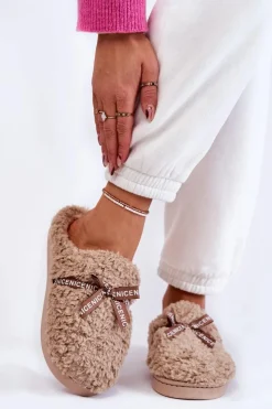 Boto Kapcie Klasyczne*Damskie Futrzane Papcie Z Kokardką Beżowe Ryana