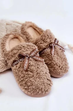 Boto Kapcie Klasyczne*Damskie Futrzane Papcie Z Kokardką Beżowe Ryana