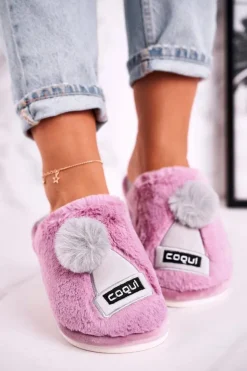 New Boto Damskie Futrzane Papcie Z Czapką I Pomponem Fioletowe Keep Warm