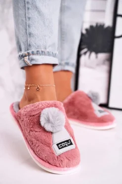 Damskie Boto Damskie Futrzane Papcie Z Czapką I Pomponem Pudrowy Róż Keep Warm