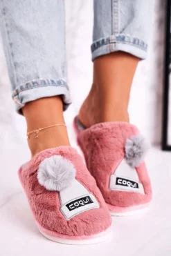 Damskie Boto Damskie Futrzane Papcie Z Czapką I Pomponem Pudrowy Róż Keep Warm