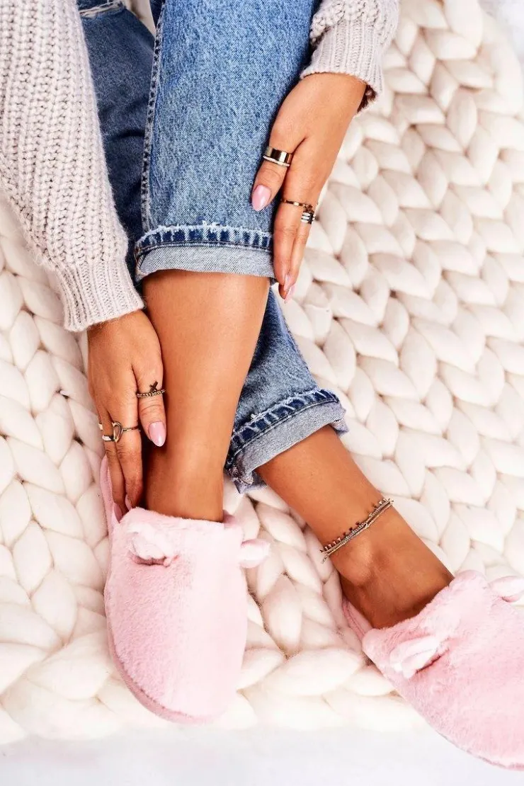 Damskie Boto Damskie Futrzane Papcie Z Uszami Jasny Róż Hippo