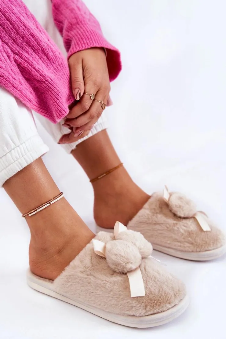 Online Boto Damskie Futrzane Papcie Z Pomponami Beżowe Castello