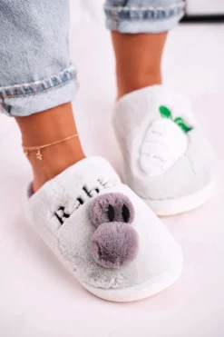 Boto Kapcie Klasyczne*Damskie Futrzane Papcie z Królikiem I Marchewką Zielone Follow Me