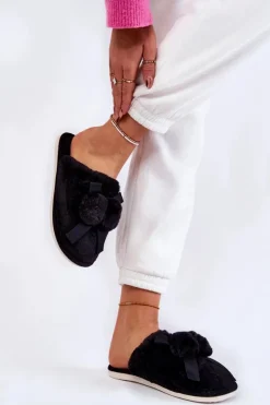 Damskie Boto Damskie Futrzane Papcie Z Pomponami Czarne Castello