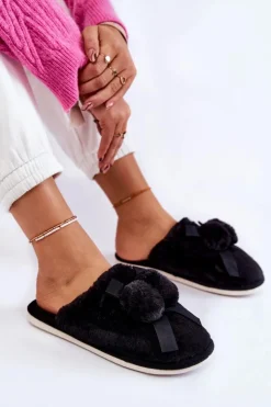 Damskie Boto Damskie Futrzane Papcie Z Pomponami Czarne Castello