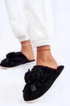 Damskie Boto Damskie Futrzane Papcie Z Pomponami Czarne Castello