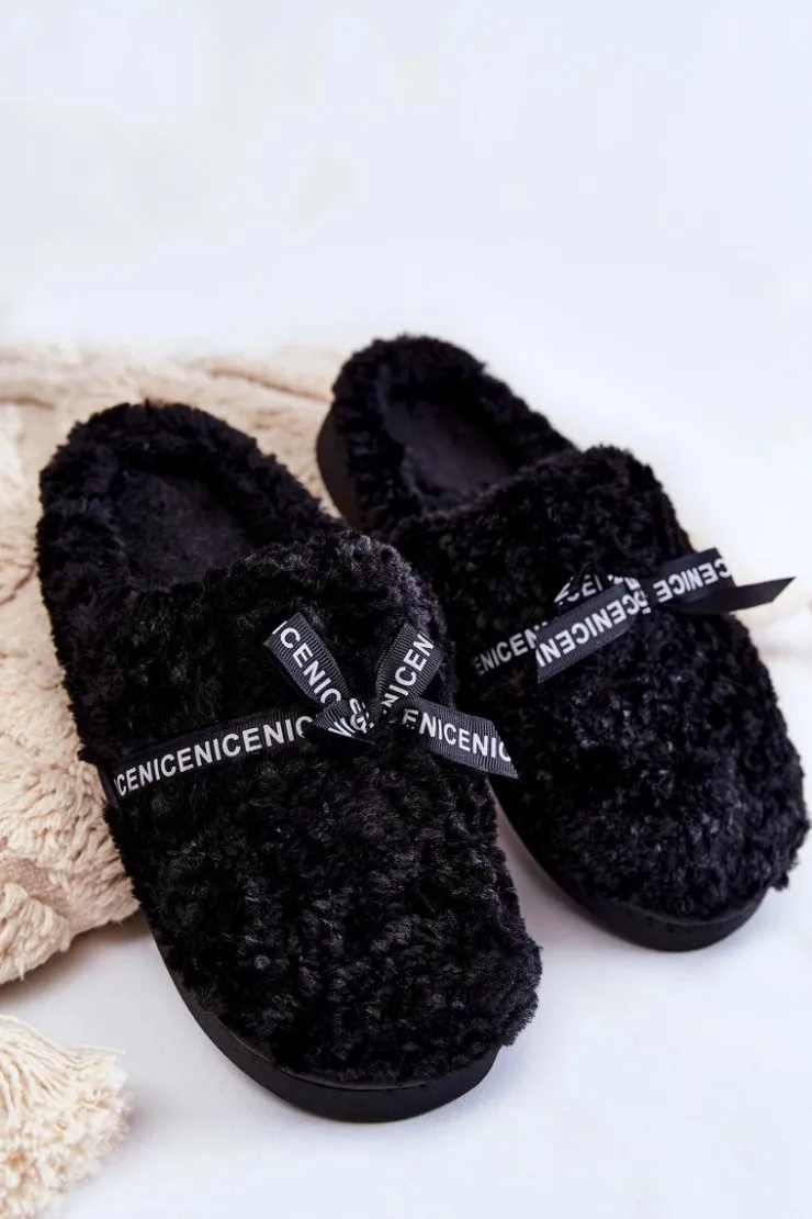 Sale Boto Damskie Futrzane Papcie Z Kokardką Czarne Ryana