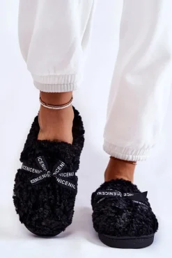 Sale Boto Damskie Futrzane Papcie Z Kokardką Czarne Ryana