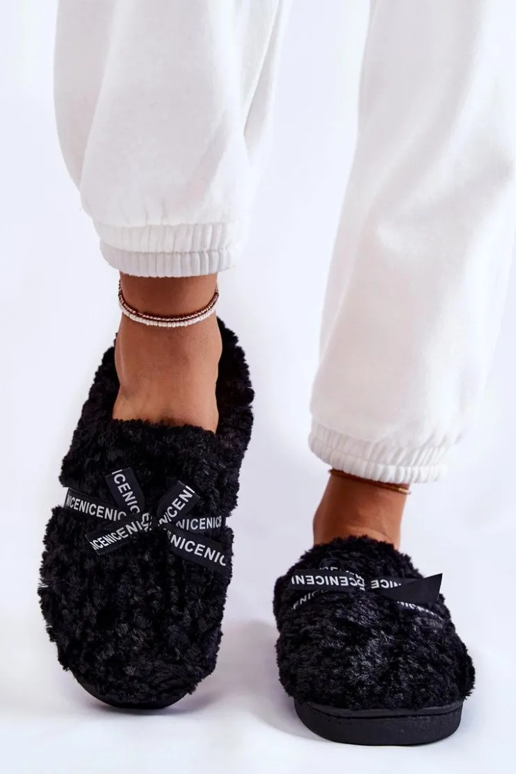 Sale Boto Damskie Futrzane Papcie Z Kokardką Czarne Ryana