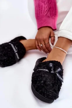 Sale Boto Damskie Futrzane Papcie Z Kokardką Czarne Ryana