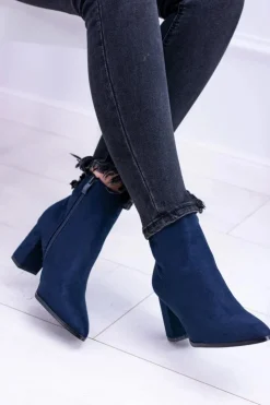 Damskie Boto Damskie Granatowe Botki Na Słupku w Szpic Amaltea