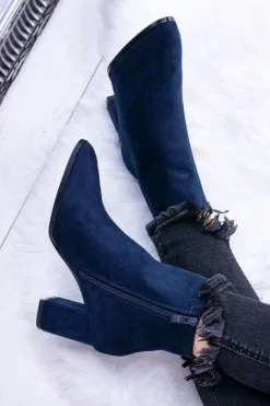 Damskie Boto Damskie Granatowe Botki Na Słupku w Szpic Amaltea