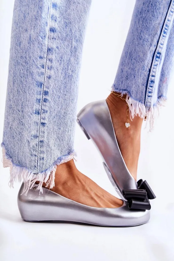 New Boto Damskie Gumowe Baleriny Z Kokardą Srebrne Florret