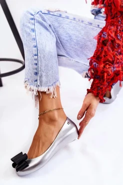 New Boto Damskie Gumowe Baleriny Z Kokardą Srebrne Florret