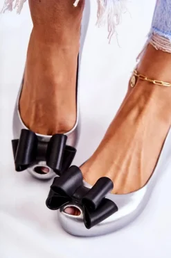 New Boto Damskie Gumowe Baleriny Z Kokardą Srebrne Florret