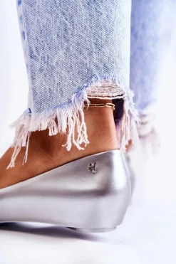 New Boto Damskie Gumowe Baleriny Z Kokardą Srebrne Florret