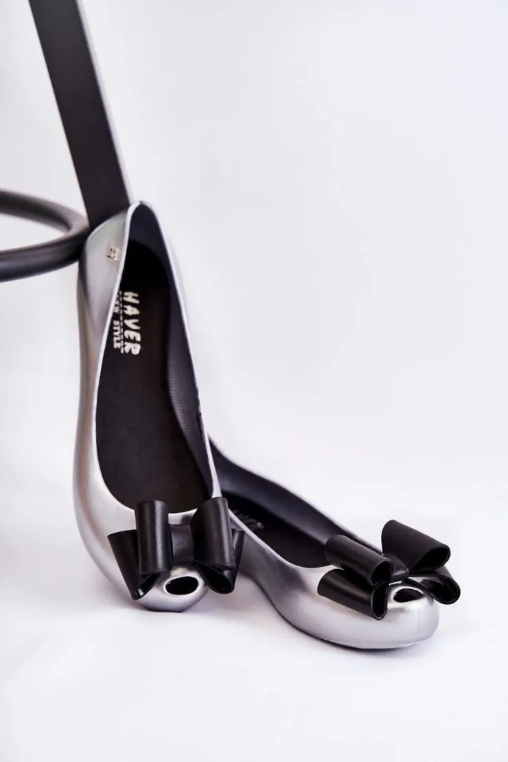 New Boto Damskie Gumowe Baleriny Z Kokardą Srebrne Florret