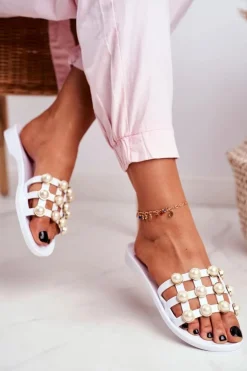 Damskie Boto Damskie Gumowe Klapki Białe Perełki Estelle