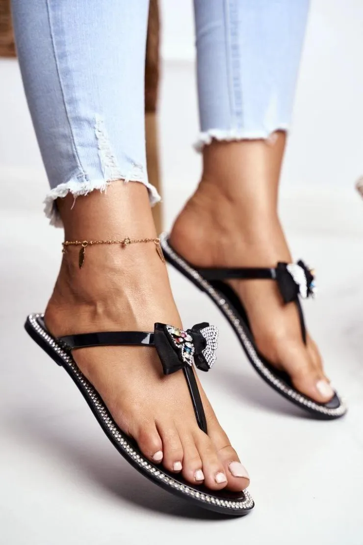 Best Boto Damskie Gumowe Klapki Czarne Japonki Cyrkonie Lissy