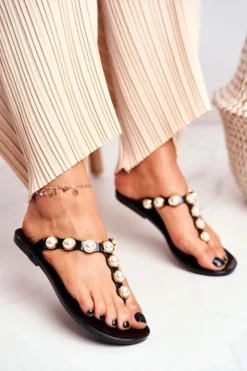 Hot Boto Damskie Gumowe Klapki Czarne Japonki Perełki Edith