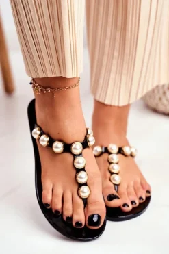 Hot Boto Damskie Gumowe Klapki Czarne Japonki Perełki Edith