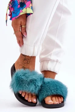 Boto Klapki Z Futerkiem|Klapki Damskie Klasyczne*Damskie Gumowe Klapki Z Futerkiem Turkusowe Lucrece