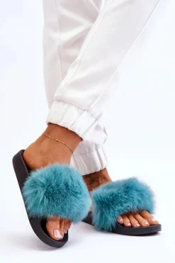 Boto Klapki Z Futerkiem|Klapki Damskie Klasyczne*Damskie Gumowe Klapki Z Futerkiem Turkusowe Lucrece