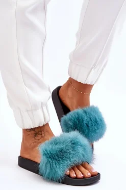 Boto Klapki Z Futerkiem|Klapki Damskie Klasyczne*Damskie Gumowe Klapki Z Futerkiem Turkusowe Lucrece