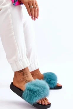 Boto Klapki Z Futerkiem|Klapki Damskie Klasyczne*Damskie Gumowe Klapki Z Futerkiem Turkusowe Lucrece