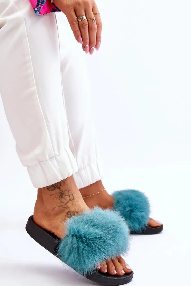 Boto Klapki Z Futerkiem|Klapki Damskie Klasyczne*Damskie Gumowe Klapki Z Futerkiem Turkusowe Lucrece
