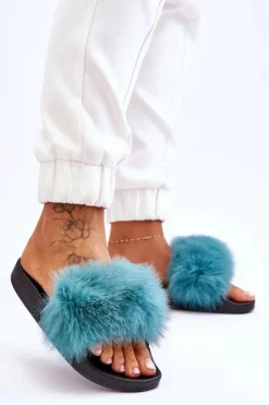 Boto Klapki Z Futerkiem|Klapki Damskie Klasyczne*Damskie Gumowe Klapki Z Futerkiem Turkusowe Lucrece
