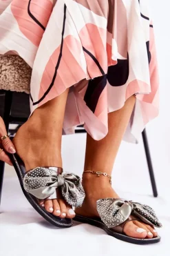 Boto Klapki Damskie Klasyczne*Damskie Gumowe Klapki Z Kokardą Czarno-Szare Meriden Czarny