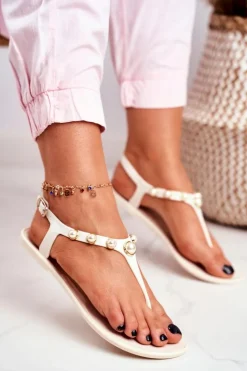 Damskie Boto Damskie Gumowe Sandałki Białe Japonki Perełki Denise