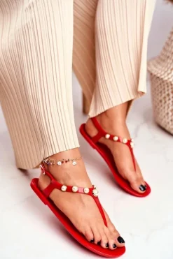 Boto Sandały Gumowe|Sandały Płaskie*Damskie Gumowe Sandałki Czerwone Japonki Perełki Denise