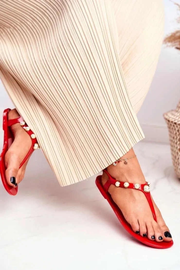 Boto Sandały Gumowe|Sandały Płaskie*Damskie Gumowe Sandałki Czerwone Japonki Perełki Denise