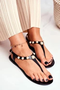 Clearance Boto Damskie Gumowe Sandałki Czarne Japonki Perełki Denise