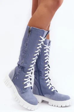 Boto Kozaki Wiosenne|Kozaki Płaskie*Damskie Jeansowe Ocieplane Kozaki Ze Sznurowaniem Niebieskie Cresanta