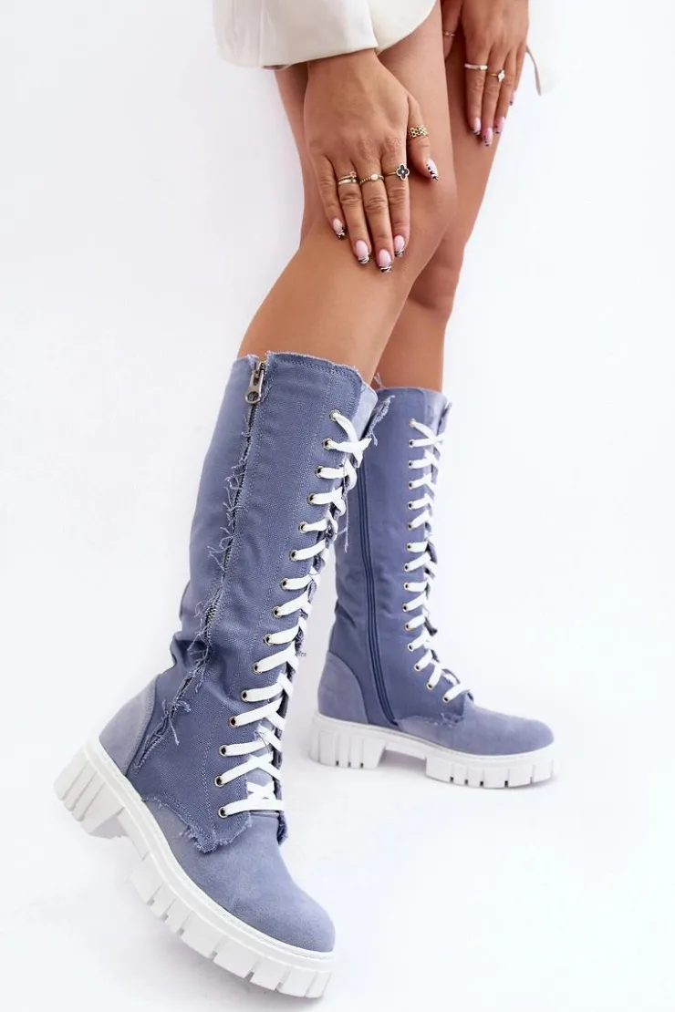 Boto Kozaki Wiosenne|Kozaki Płaskie*Damskie Jeansowe Ocieplane Kozaki Ze Sznurowaniem Niebieskie Cresanta