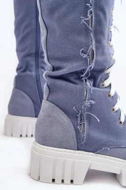 Boto Kozaki Wiosenne|Kozaki Płaskie*Damskie Jeansowe Ocieplane Kozaki Ze Sznurowaniem Niebieskie Cresanta